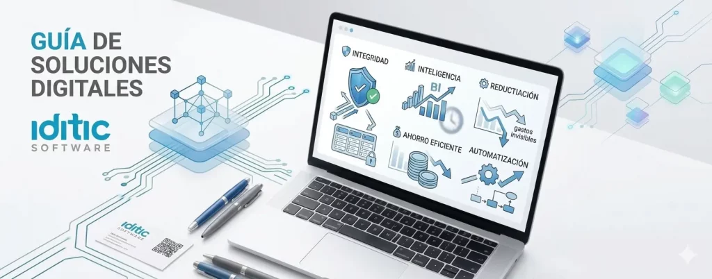 Banner de iditic SOFTWARE para la Guía de Soluciones Digitales, mostrando un portátil con un diagrama de integridad de datos, BI, ahorro eficiente y automatización sobre un escritorio moderno.