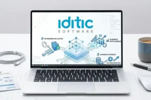 Portátil mostrando el ecosistema digital de iditic SOFTWARE junto a un folleto del Kit Digital en un escritorio de oficina moderno.