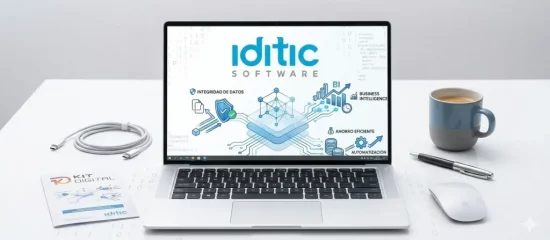 Portátil mostrando el ecosistema digital de iditic SOFTWARE junto a un folleto del Kit Digital en un escritorio de oficina moderno.