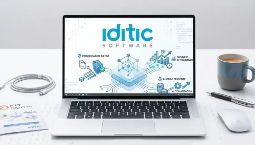 Portátil mostrando el ecosistema digital de iditic SOFTWARE junto a un folleto del Kit Digital en un escritorio de oficina moderno.